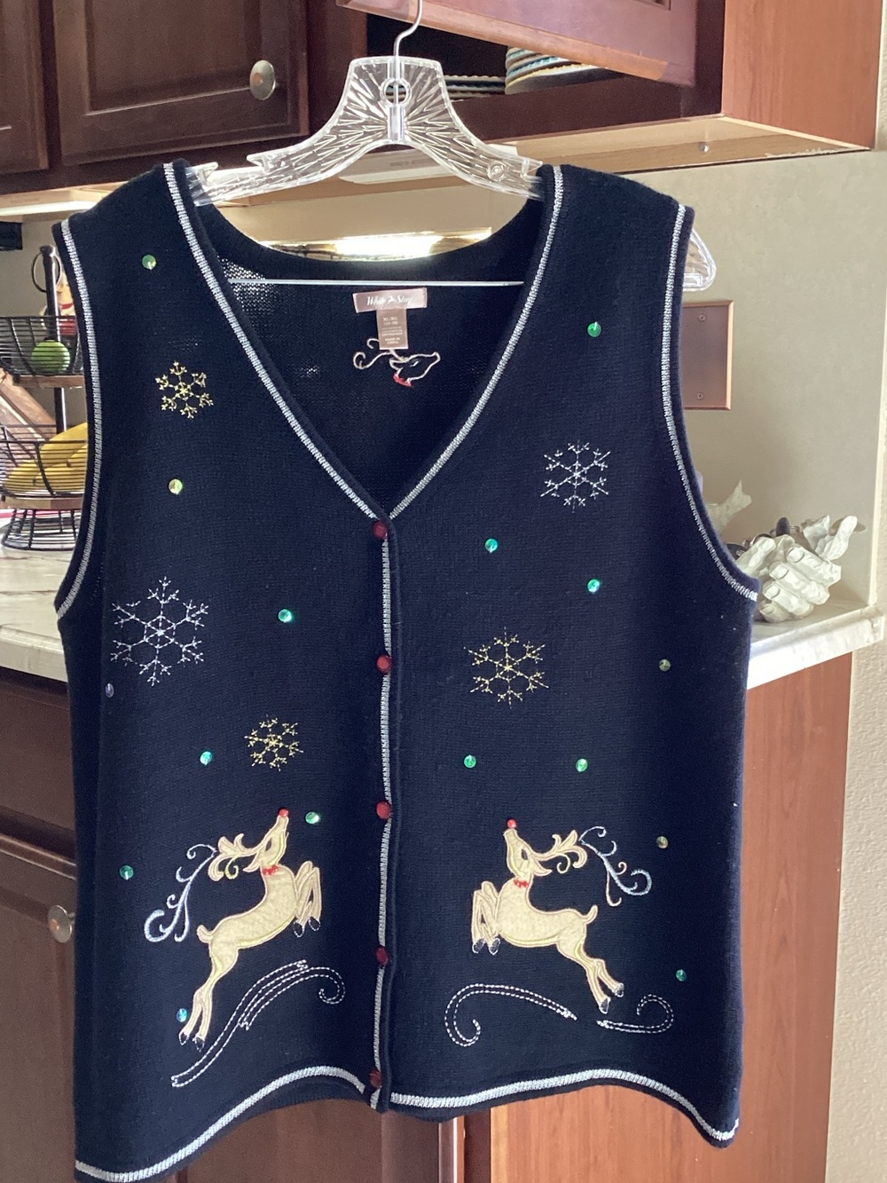 White Stag Black Holiday Sweater Vest with Gold Reindeer Embroidery
